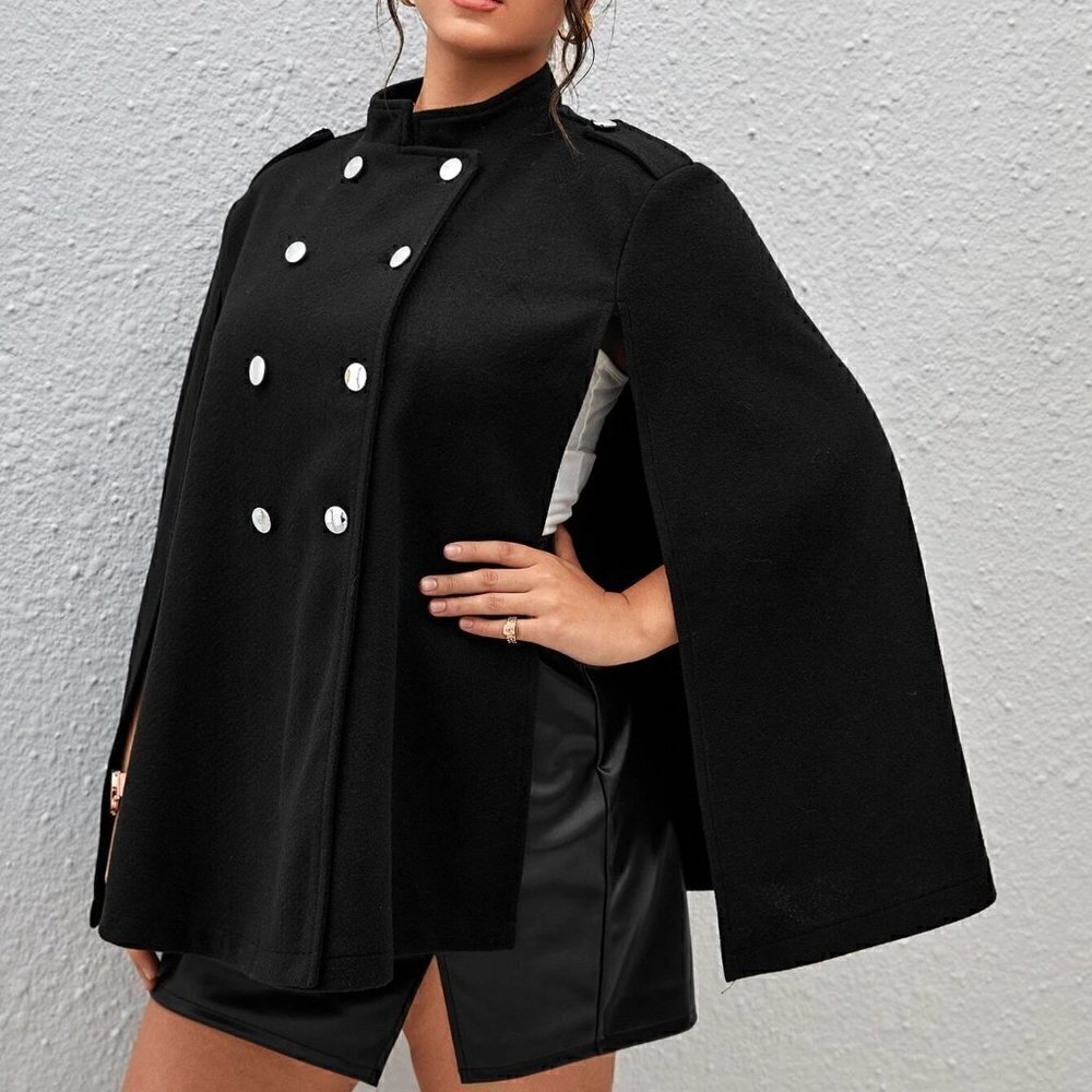 Black Boho Womens Plus Double Breasted Cloak Sleeve Overcoat - Picture 5 of 5